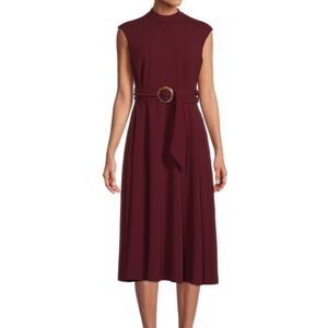 Calvin Klein Solid Color Belted A-line Midi Dress